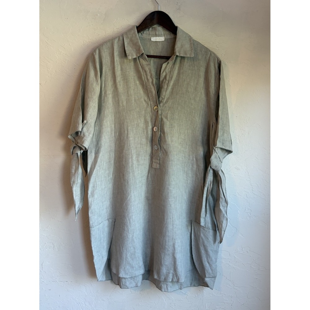 Scandal 100% Linen Tunic Shirt Dress O/S Tie Sleeve Lagenlook Made In Italy Boho